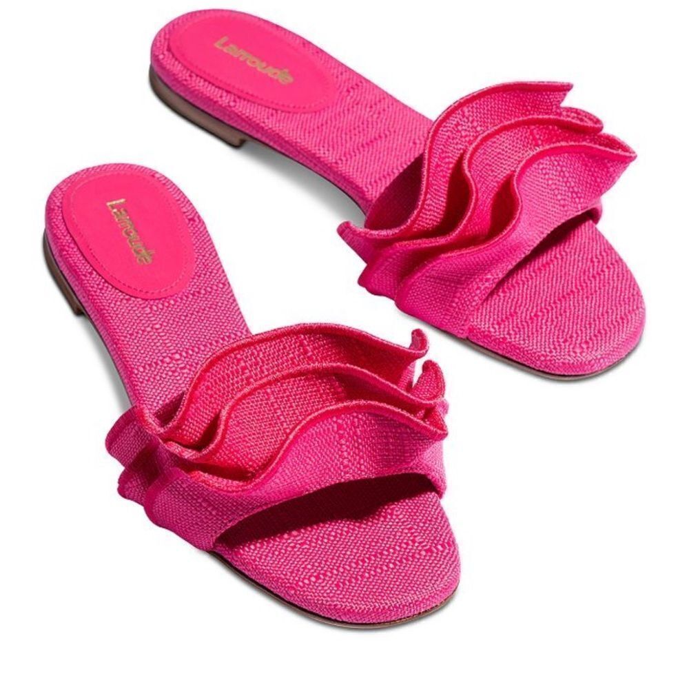 Larroude Hot Pink Ruffle Slide Sandals
